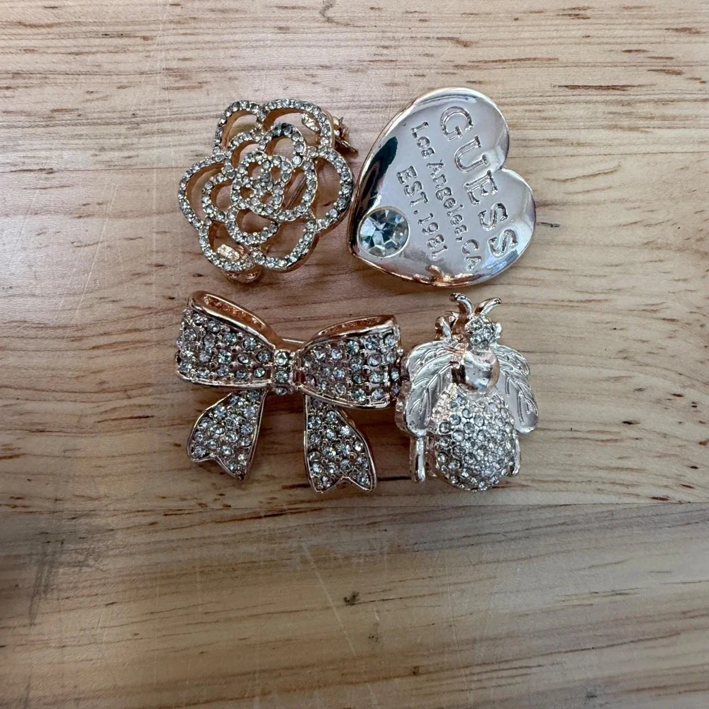 Y2K Coquette Rhinestone Glam Heart Bee Bow Rose Brooch‎ Lot of 4 from Guess